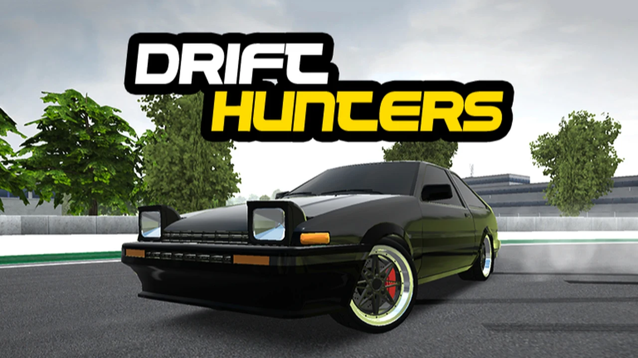 Drift Hunters customized sports car sliding sideways through a drift track corner