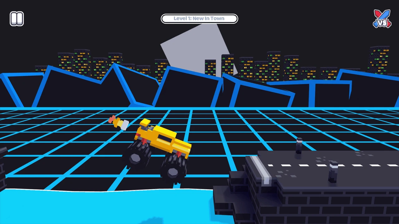 Drive Mad blocky 4x4 truck navigating a precarious physics ramp obstacle