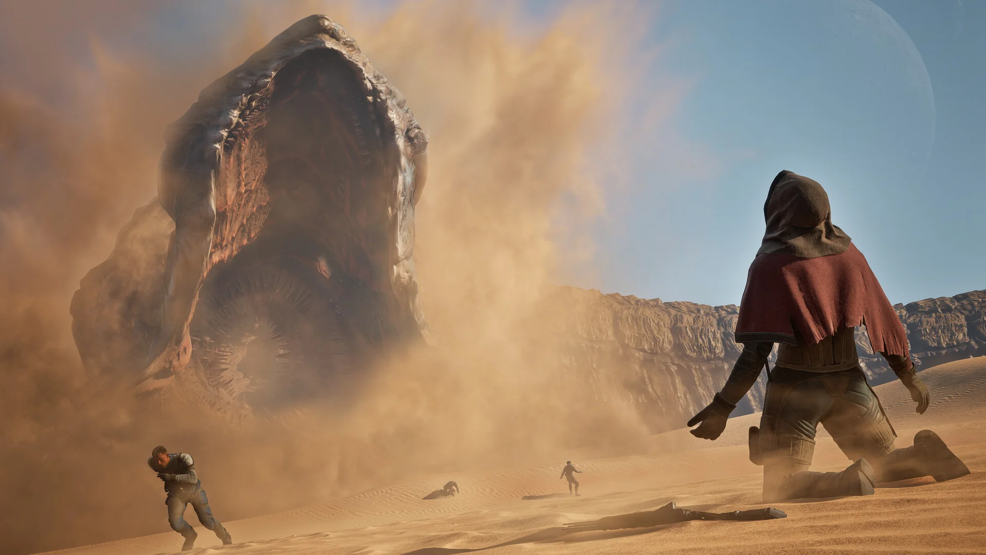 Dune Awakening player fleeing across open sand dunes in a desert stillsuit as a gargantuan sandworm breaches the surface