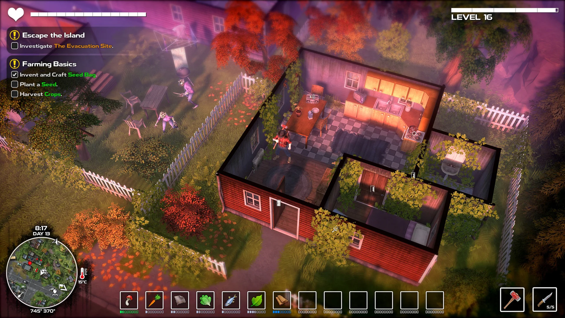 DYSMANTLE gameplay showing a survivor swinging a crowbar to dismantle abandoned wooden furniture on an overgrown island