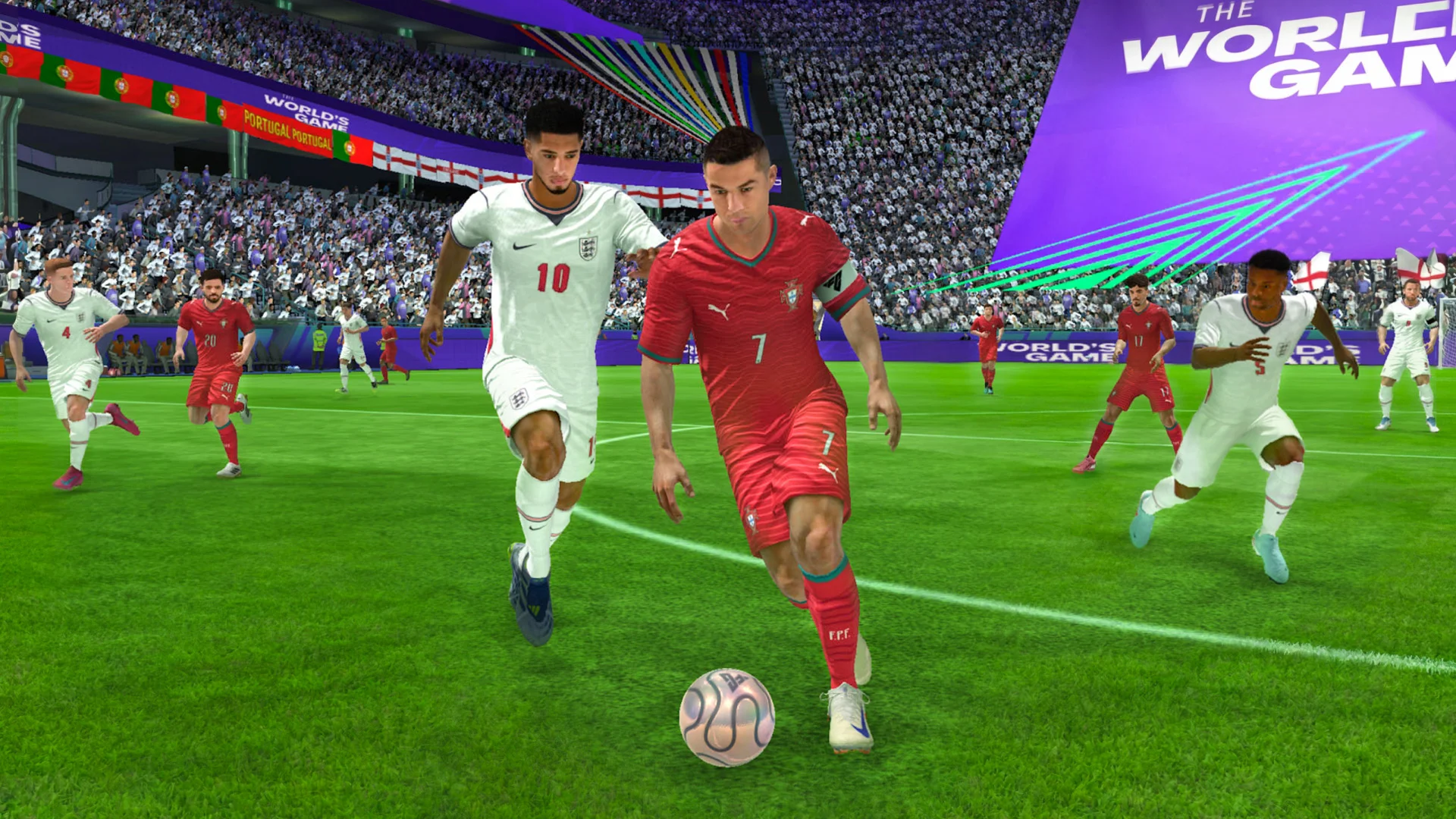 Gameplay screenshot of EA SPORTS FC Mobile Soccer showing midfield attack, virtual analog stick, and broadcast camera