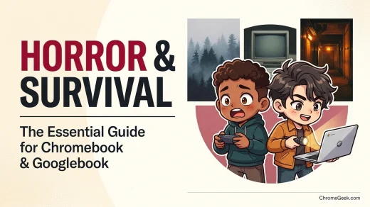 Editorial illustration of horror and survival gamers playing on Chromebook and Googlebook