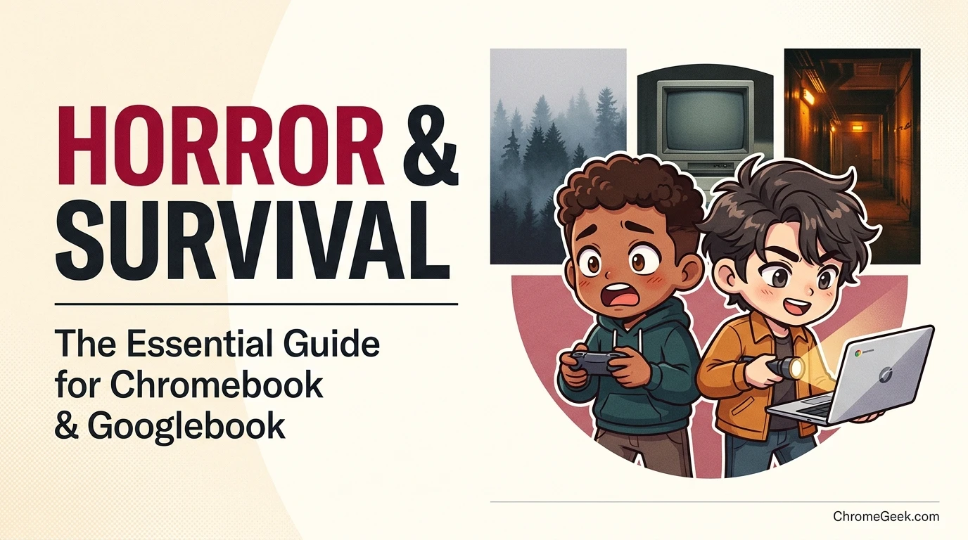 Editorial illustration of horror and survival gamers playing on Chromebook and Googlebook