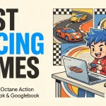 Editorial illustration of chibi mascots playing racing games on a Chromebook