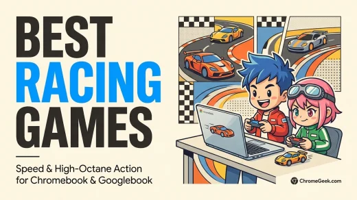Swiss editorial illustration of two chibi mascots holding controllers and racing sports cars on a Chromebook and Googlebook
