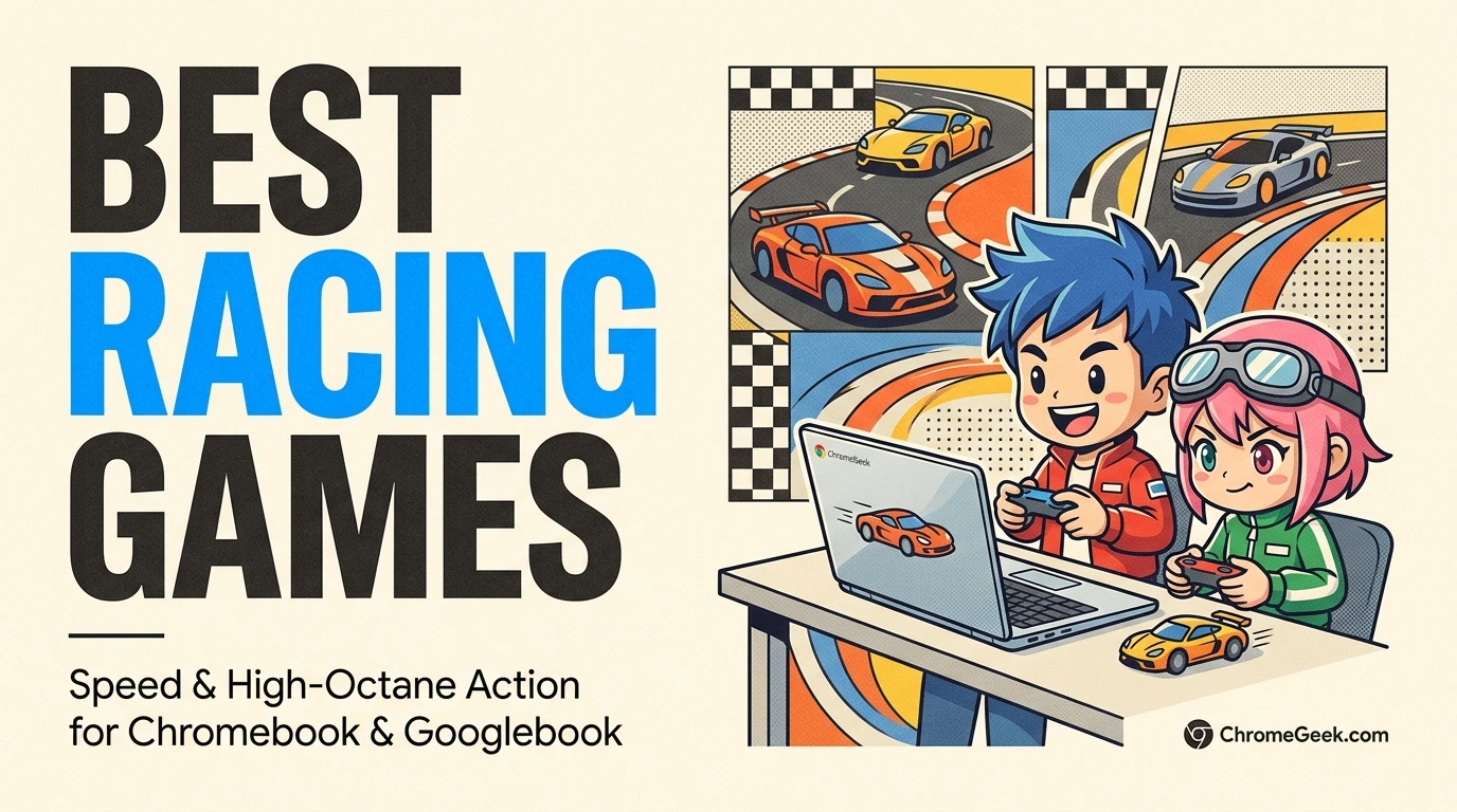 Swiss editorial illustration of two chibi mascots holding controllers and racing sports cars on a Chromebook and Googlebook