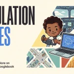 Editorial illustration of simulation gamers building, flying, and managing living worlds on Chromebook and Googlebook