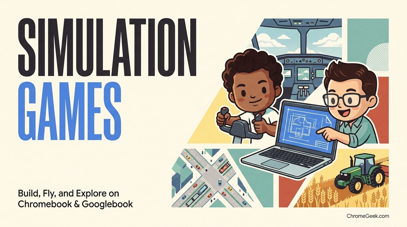 Editorial illustration of simulation gamers building, flying, and managing living worlds on Chromebook and Googlebook