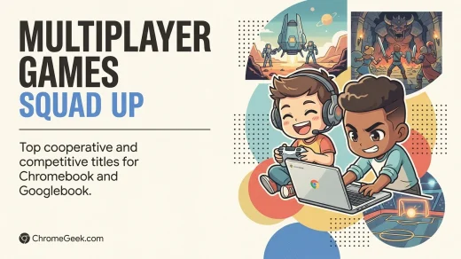Swiss editorial illustration of two chibi mascots playing multiplayer squad games on a Chromebook