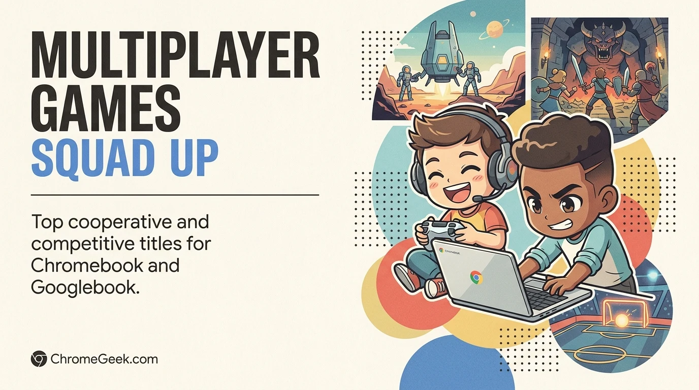 Editorial illustration of multiplayer squad gamers on Chromebook