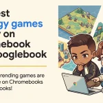 Editorial illustration of chibi mascots playing strategy games on a Chromebook