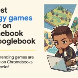 Swiss editorial illustration of two chibi mascots planning moves on a Chromebook with strategy game panels