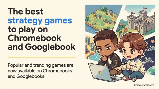 Swiss editorial illustration of two chibi mascots planning moves on a Chromebook with strategy game panels