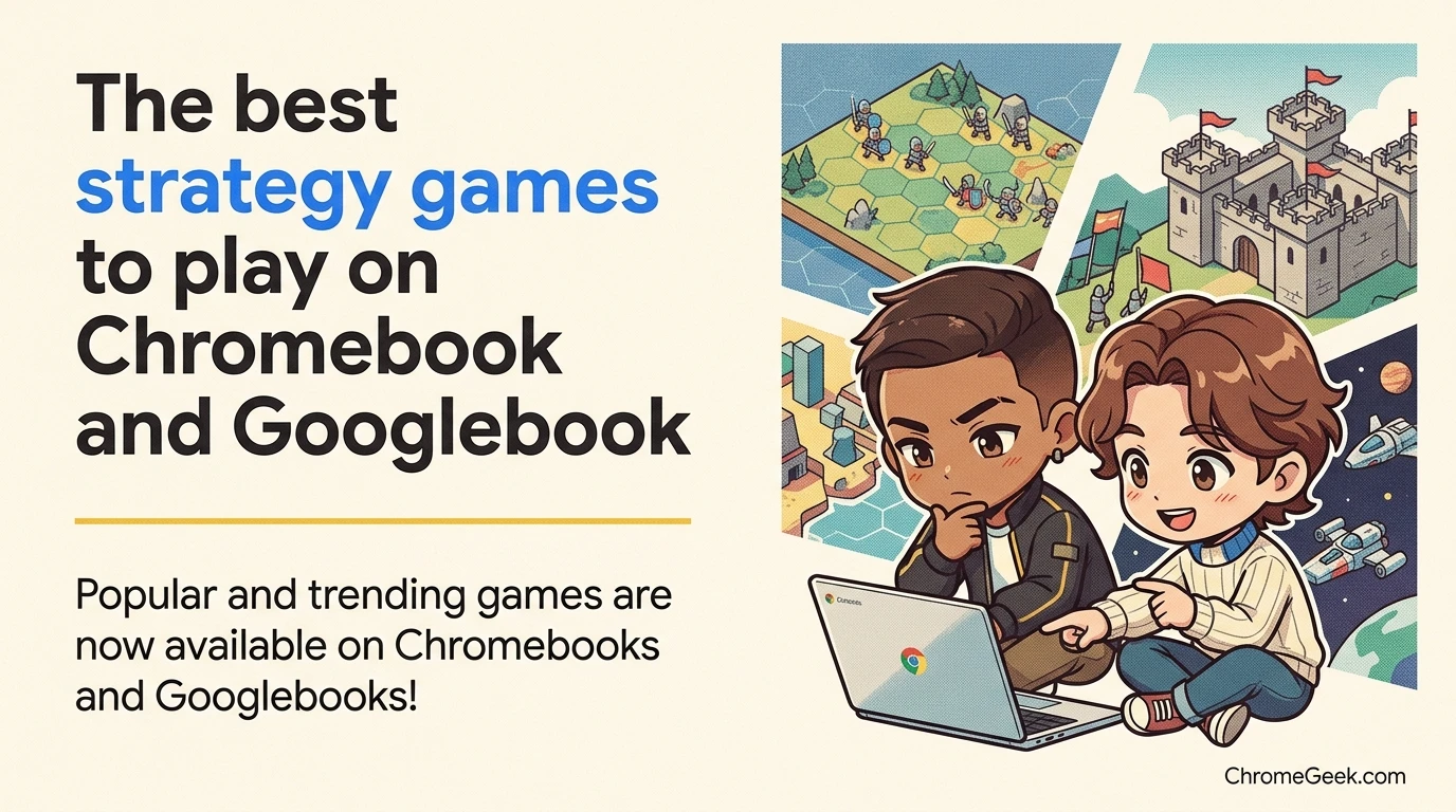Swiss editorial illustration of two chibi mascots planning moves on a Chromebook with strategy game panels