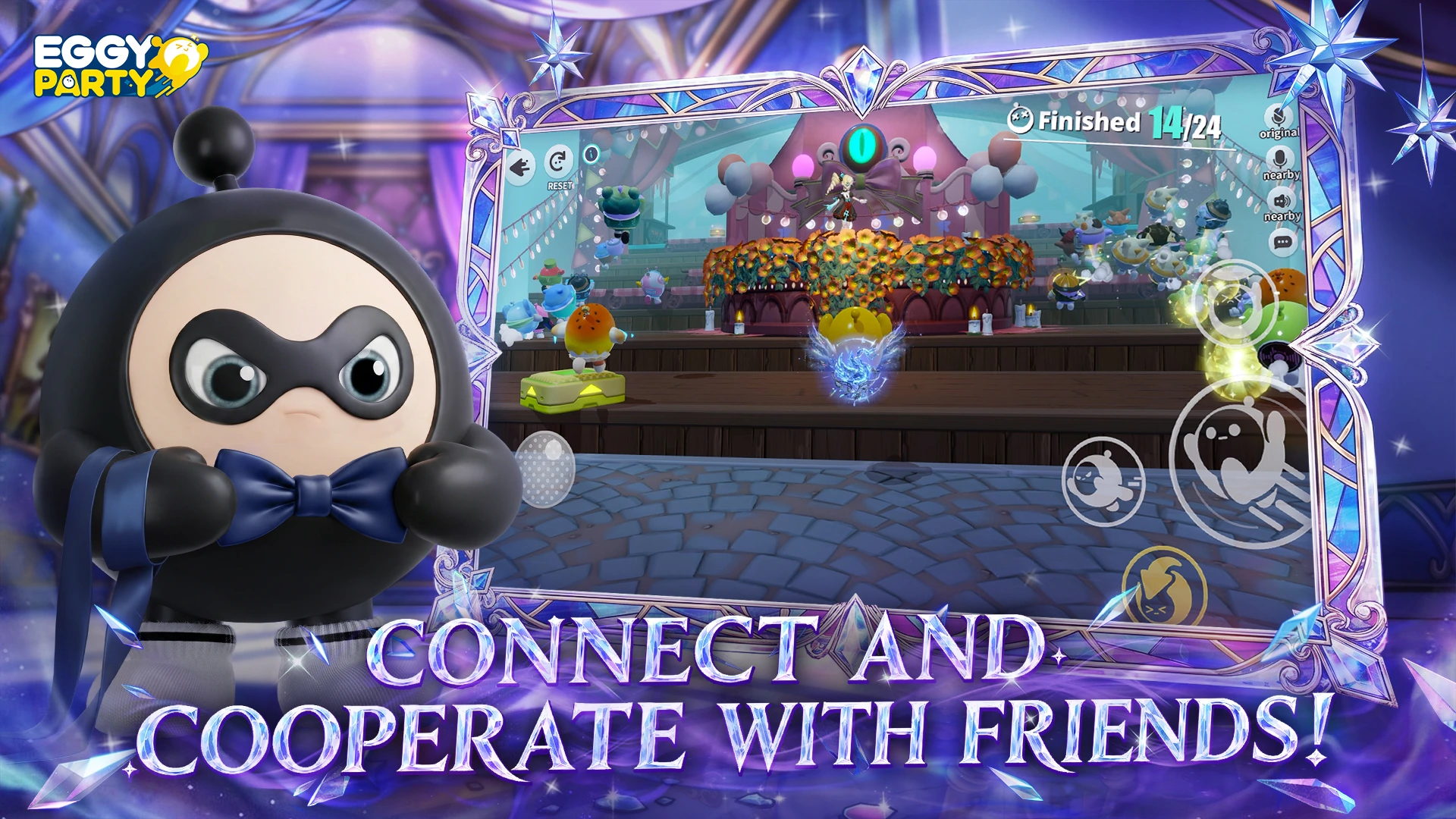Eggy Party 3D party arena showcasing round egg characters cooperating across vibrant amusement park obstacles