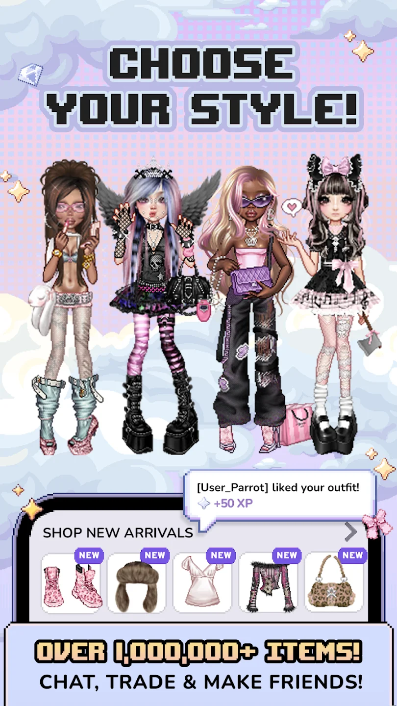 Four pixel-art avatars showing distinct fashion aesthetics ranging from Y2K casual to gothic angel and Lolita dress, above a new arrivals shop tray