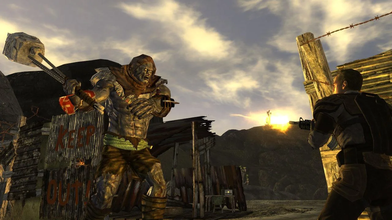 Gameplay screenshot of Fallout: New Vegas showing the Mojave Wasteland, Pip-Boy interface, and first-person combat