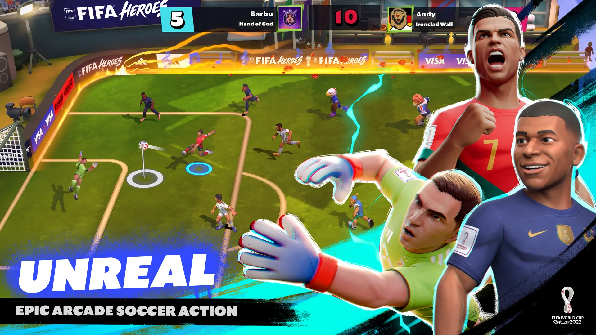 Gameplay screenshot of FIFA Heroes Football Action showing 5v5 arcade street match and superpower shots