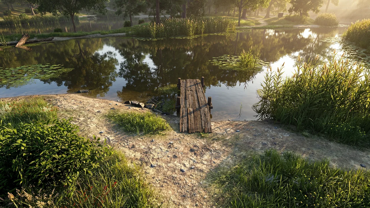 Gameplay screenshot of Fishing Planet showing scenic freshwater lake, first-person rod, and reel HUD