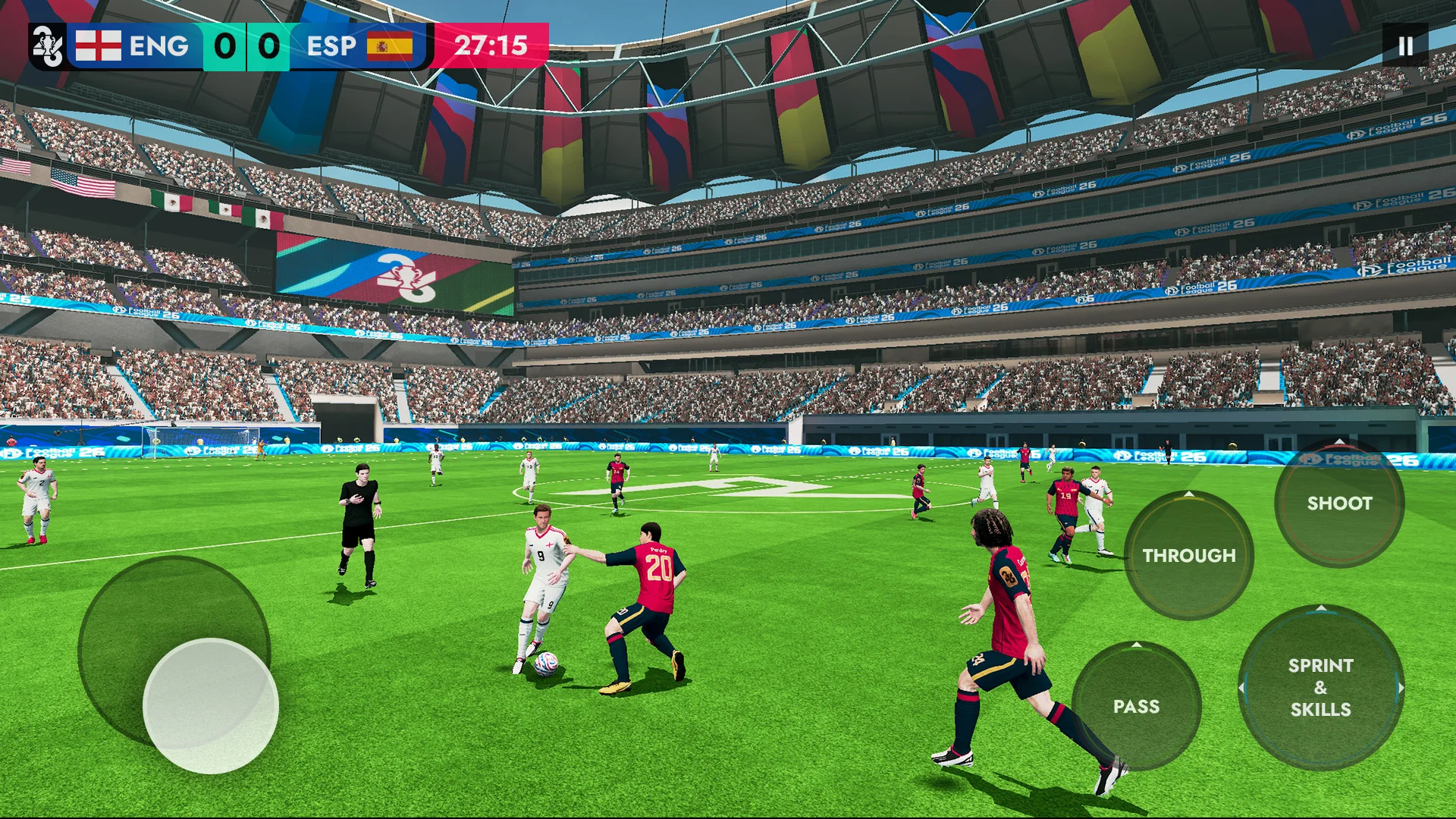 Gameplay screenshot of Football League showing 3D tactical passing attack and on-pitch radar