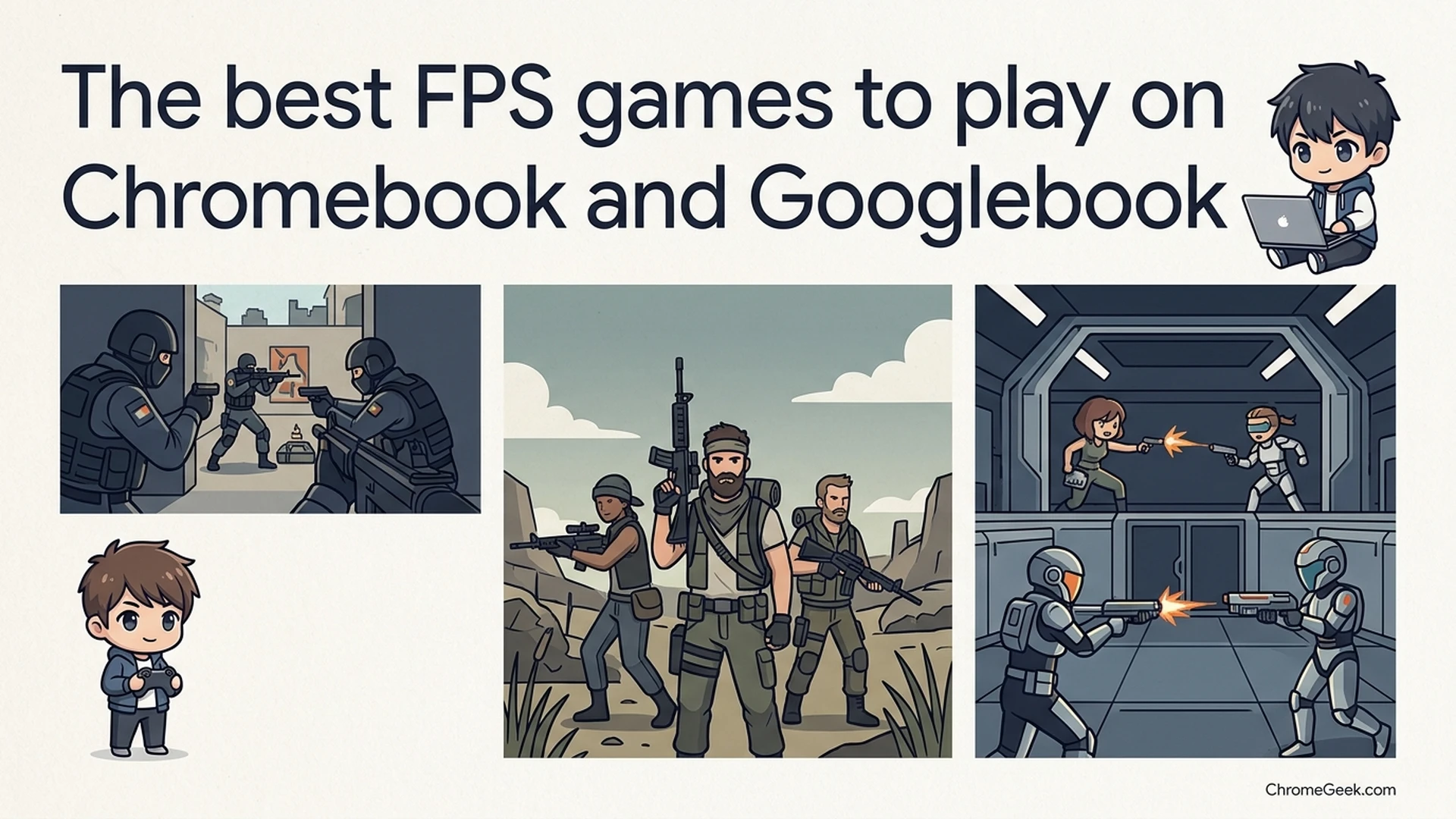 Editorial illustration of FPS games on Chromebook and Googlebook featuring tactical defusal, military survival, and sci-fi arena shootout panels with gaming mascots