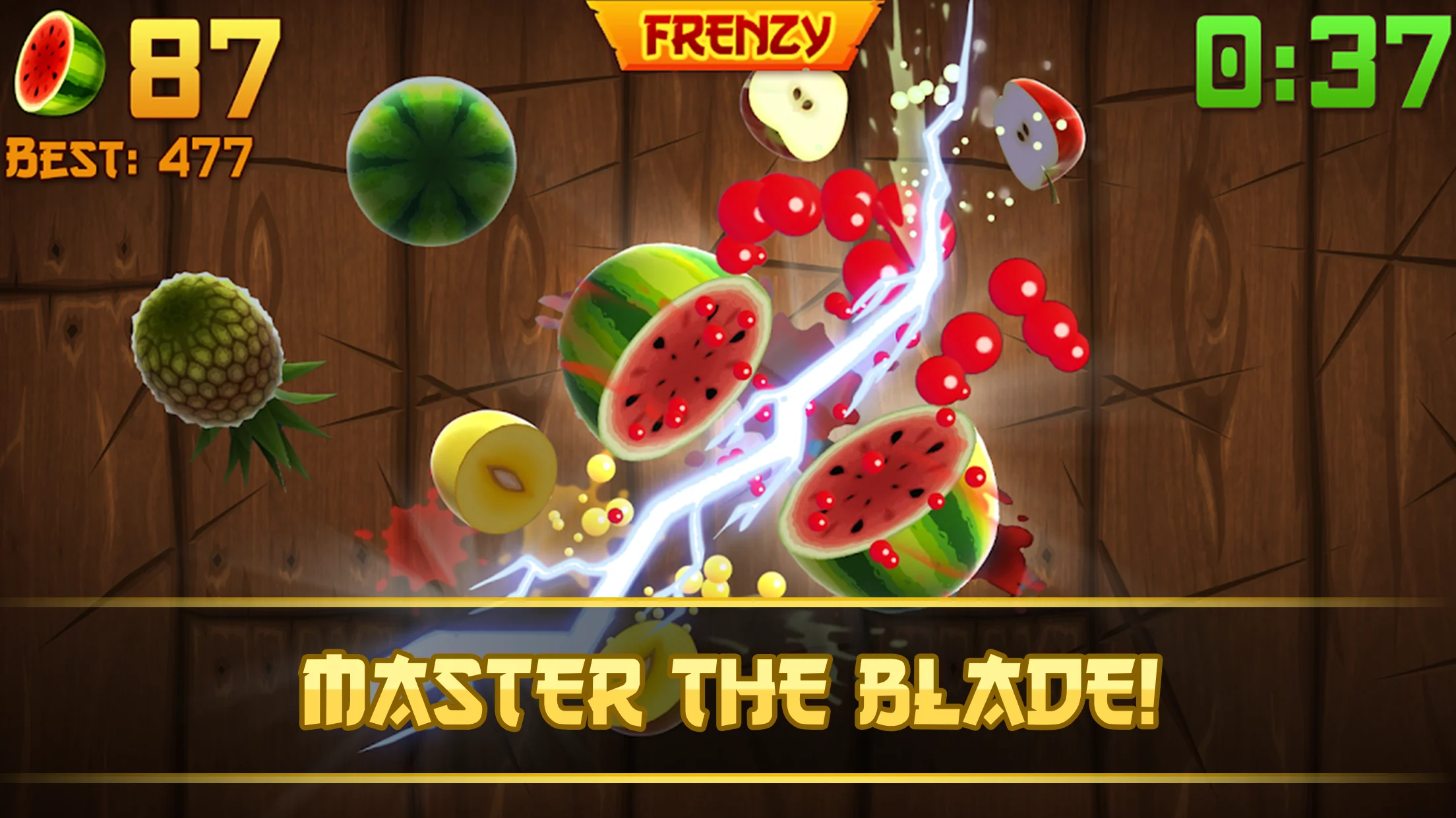 Gameplay screenshot of Fruit Ninja showing sliced watermelons and pineapples with blade trails on a wooden dojo background
