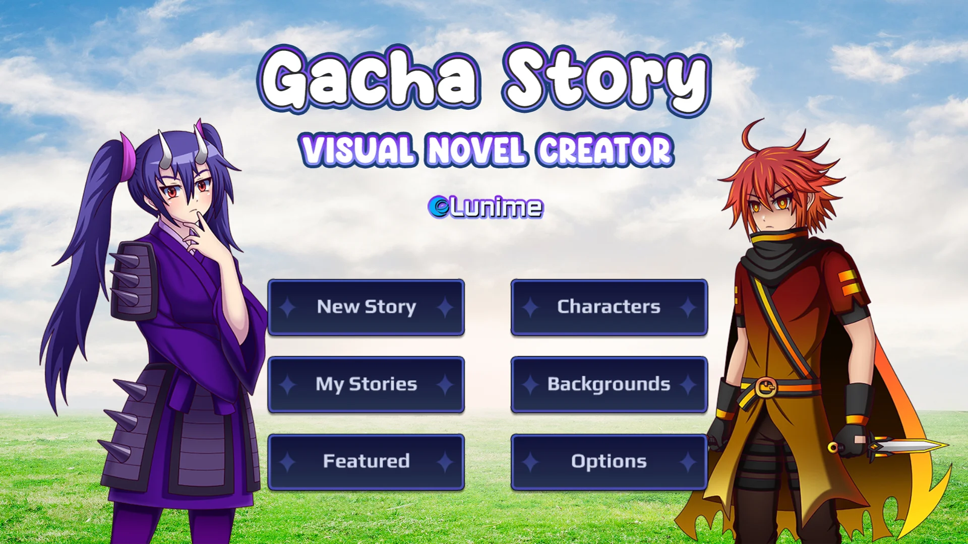 Gacha Story mode title interface showcasing two custom anime warrior avatars with horns and styled capes against a sunny sky