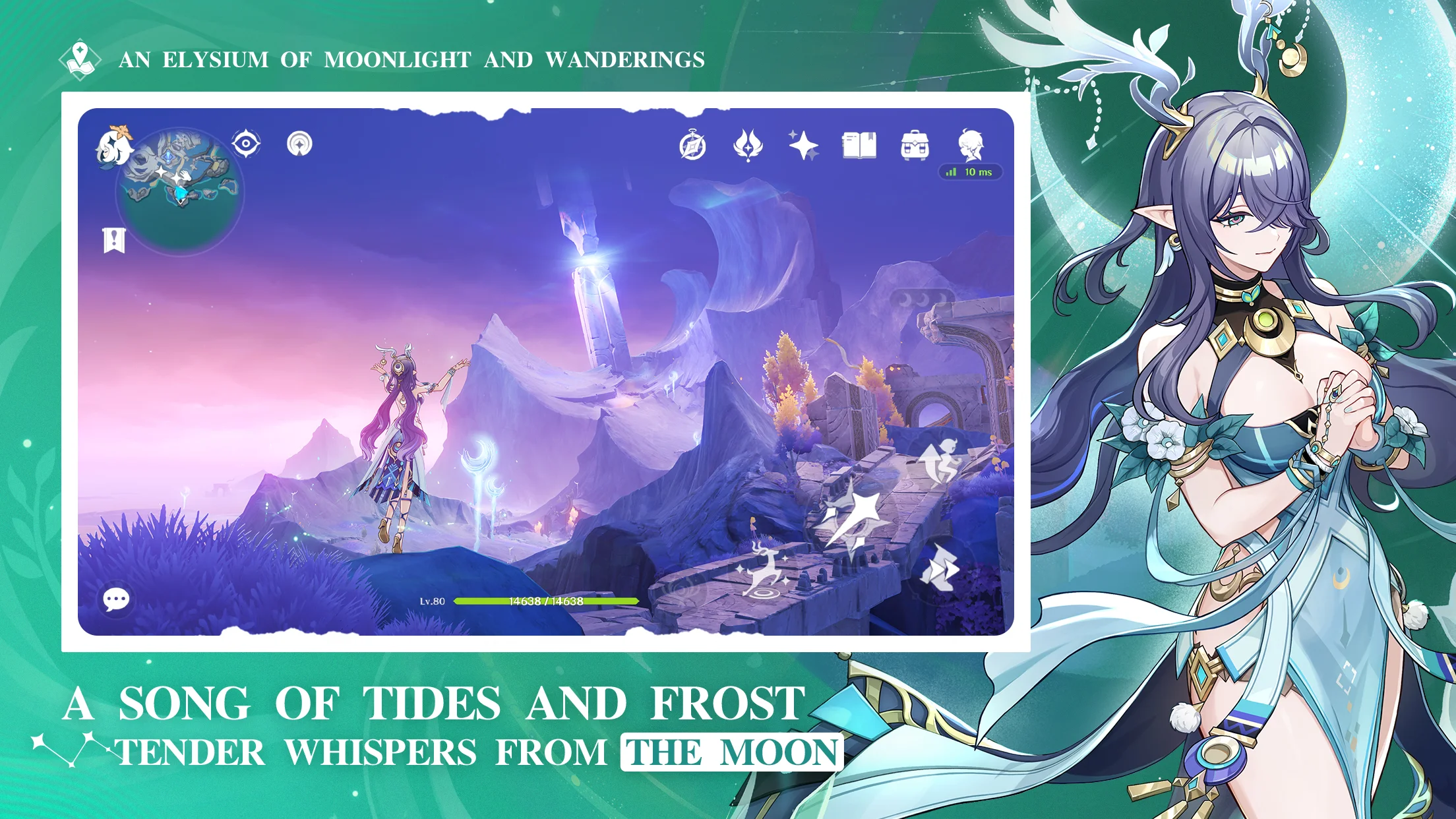 Anime adventurer overlooking vast mountain ruins and glowing mystical spires with on-screen touch HUD