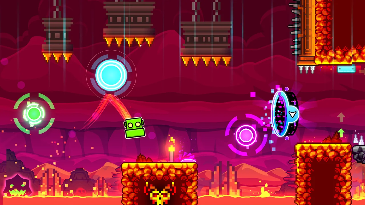 Gameplay screenshot of Geometry Dash showing a glowing neon cube jumping across obstacle spikes in a music corridor