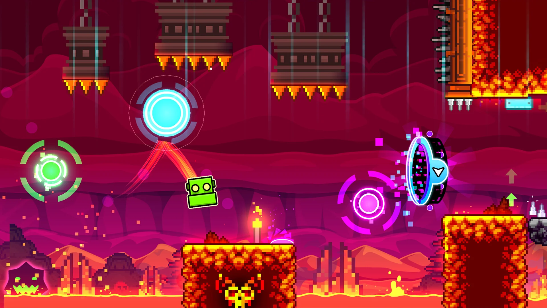 Geometry Dash gameplay showing a glowing geometric cube icon leaping over sharp neon spikes in a rhythm corridor