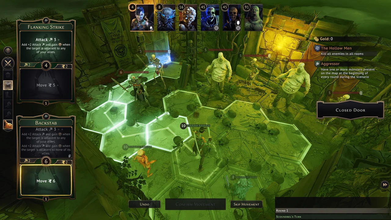 Gameplay screenshot of Gloomhaven displaying tactical dungeon hex tiles, character initiative cards, and enemy positions