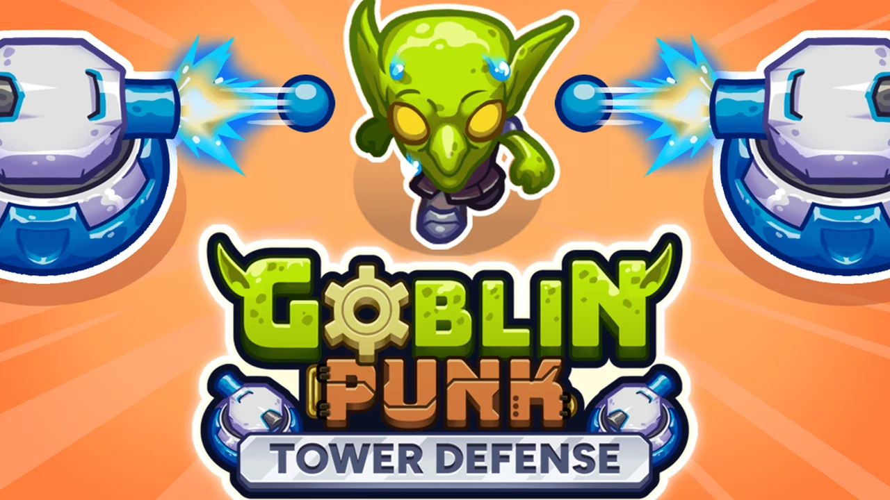 Goblin Punk Tower Defense futuristic energy turrets blocking and redirecting marching goblin swarms