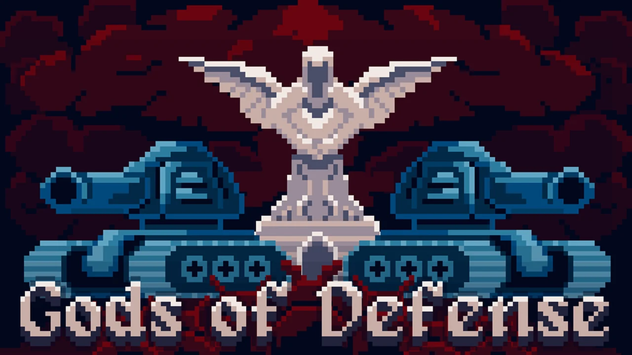 Gods of Defense procedural temple arena showing deity casting divine blessings and clearing wilderness fog