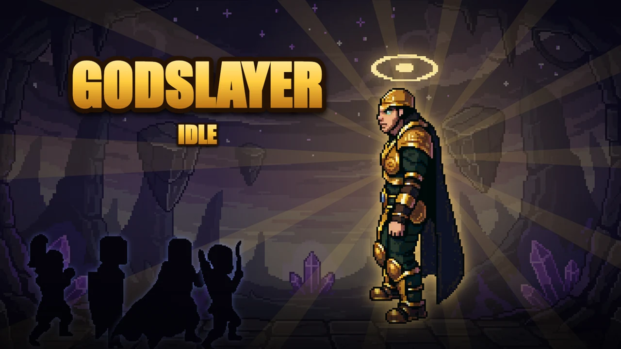 Godslayer Idle pixel-art auto-battler squad fighting guardian bosses with tactical skills