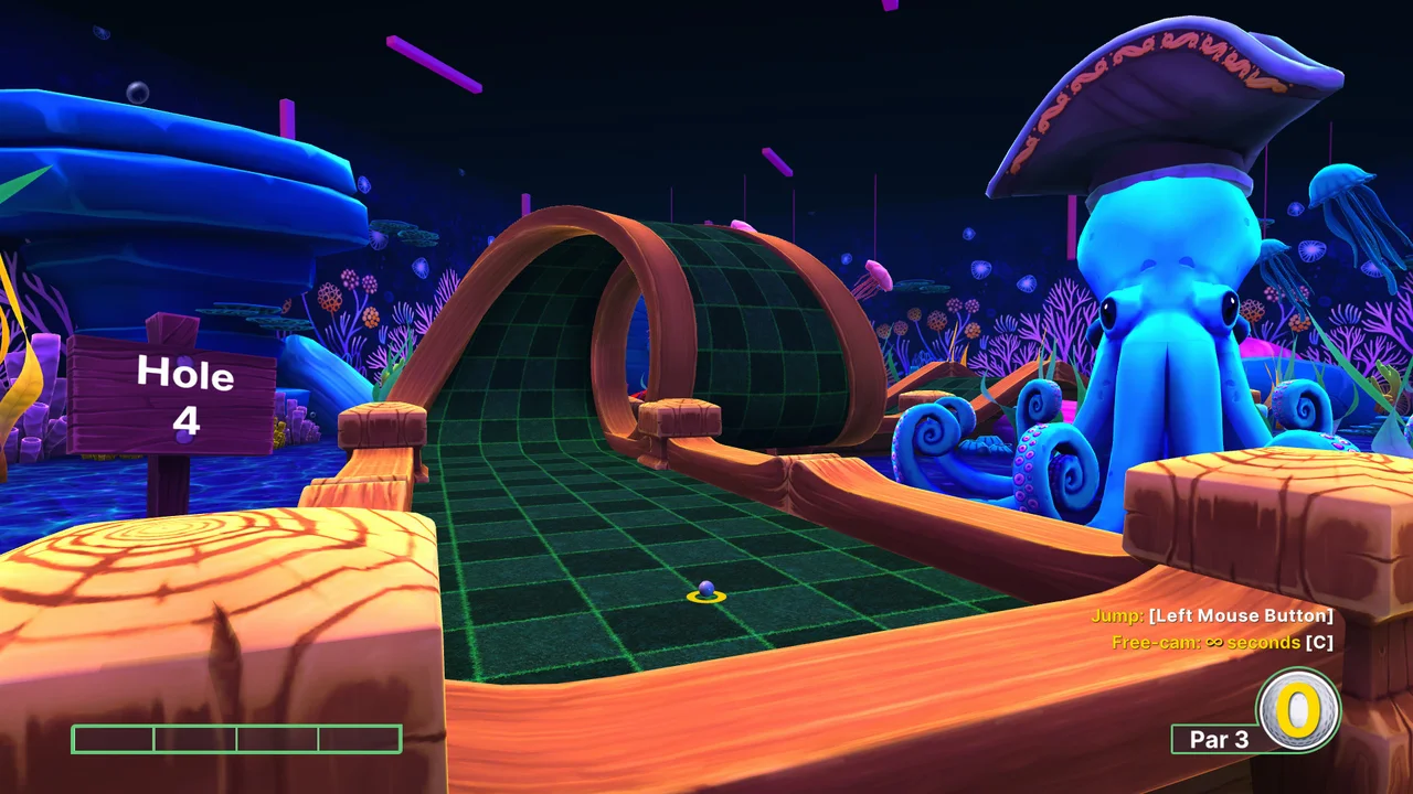 Golf With Your Friends pirate-themed Hole 4 green featuring a giant blue octopus hazard and undulating putting ramps