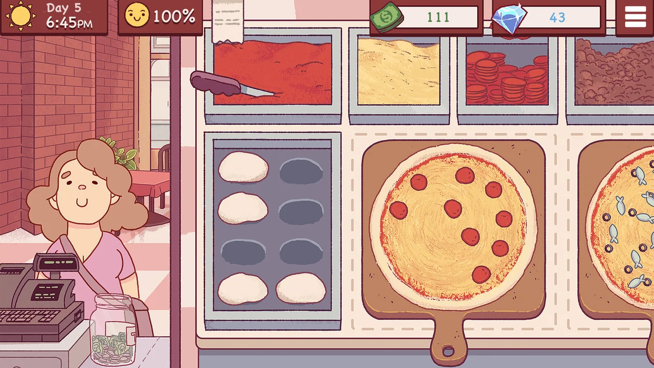 Hand-drawn pizzeria kitchen prep counter with dough, sauce, cheese, pepperoni toppings, and a waiting customer