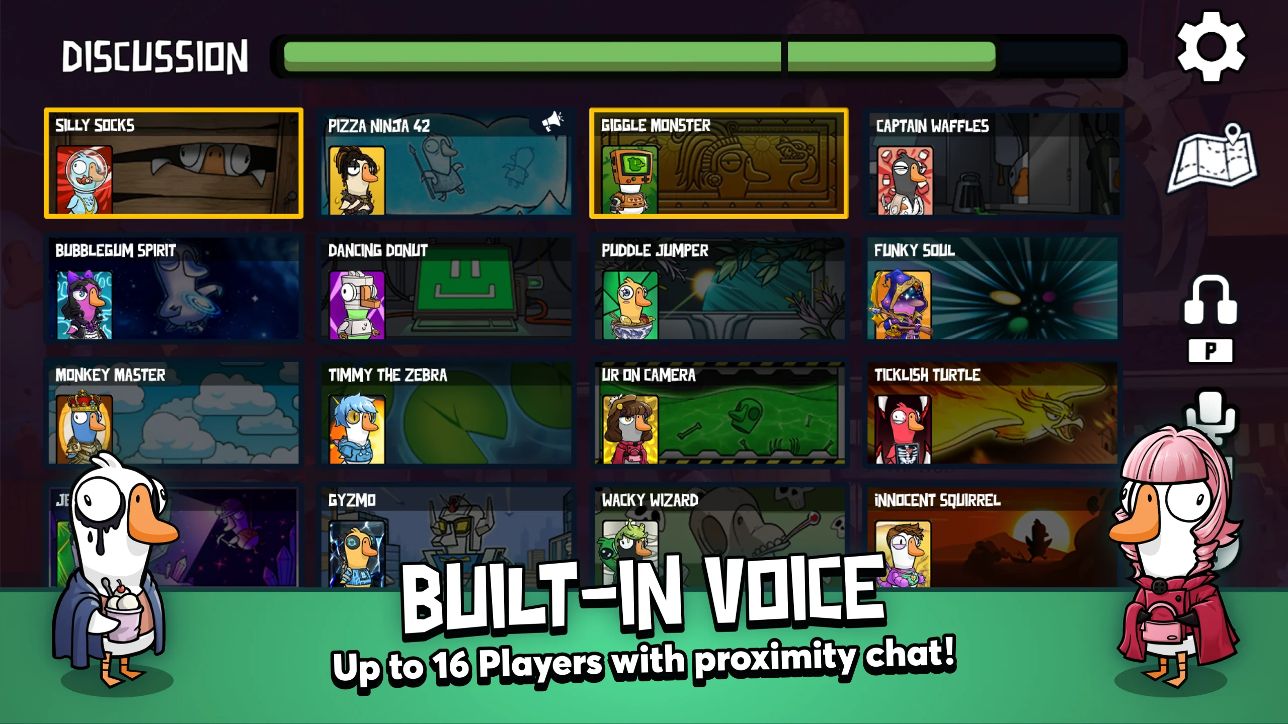Goose Goose Duck emergency meeting voting screen displaying player bird avatars and active proximity voice chat indicators
