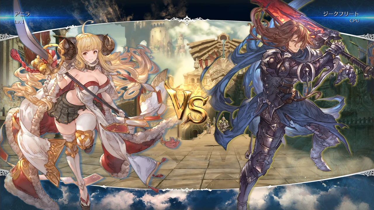 Gran and Djeeta trading sword strikes with magical particle bursts in Granblue Fantasy Versus: Rising