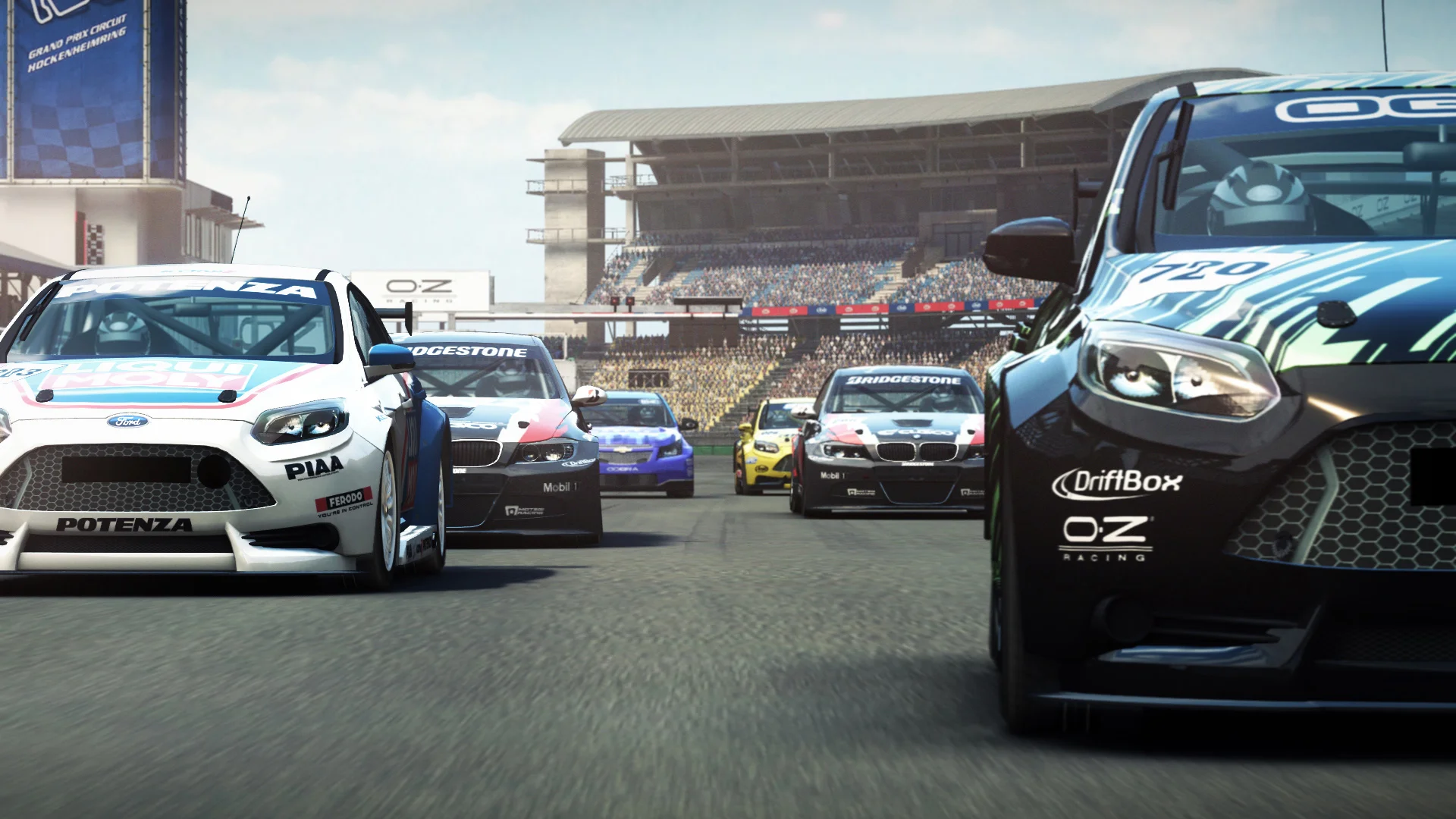 GRID Autosport gameplay showing high-performance touring racecars battling bumper-to-bumper around a track corner