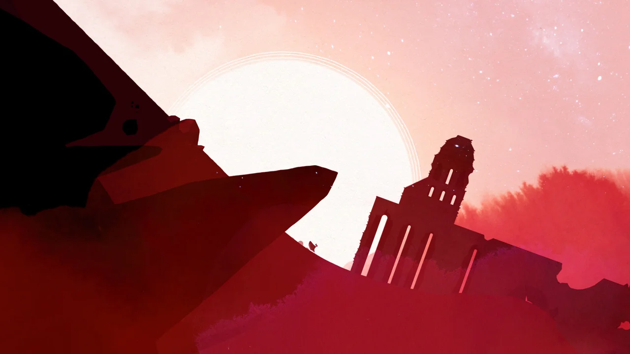 Silhouetted traveler walking across red watercolor desert hills before towering classical ruin arches
