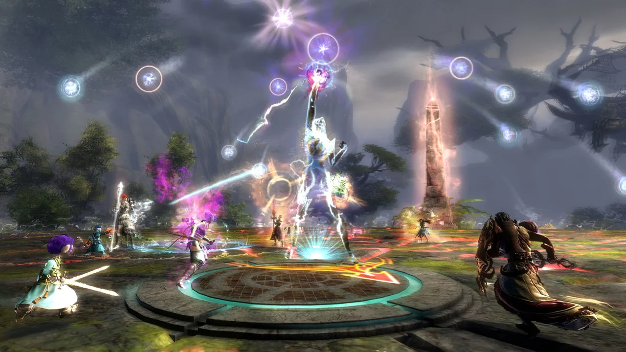 Guild Wars 2 players gathered on griffon and skyscale mounts overlooking an expansive Tyrian landscape