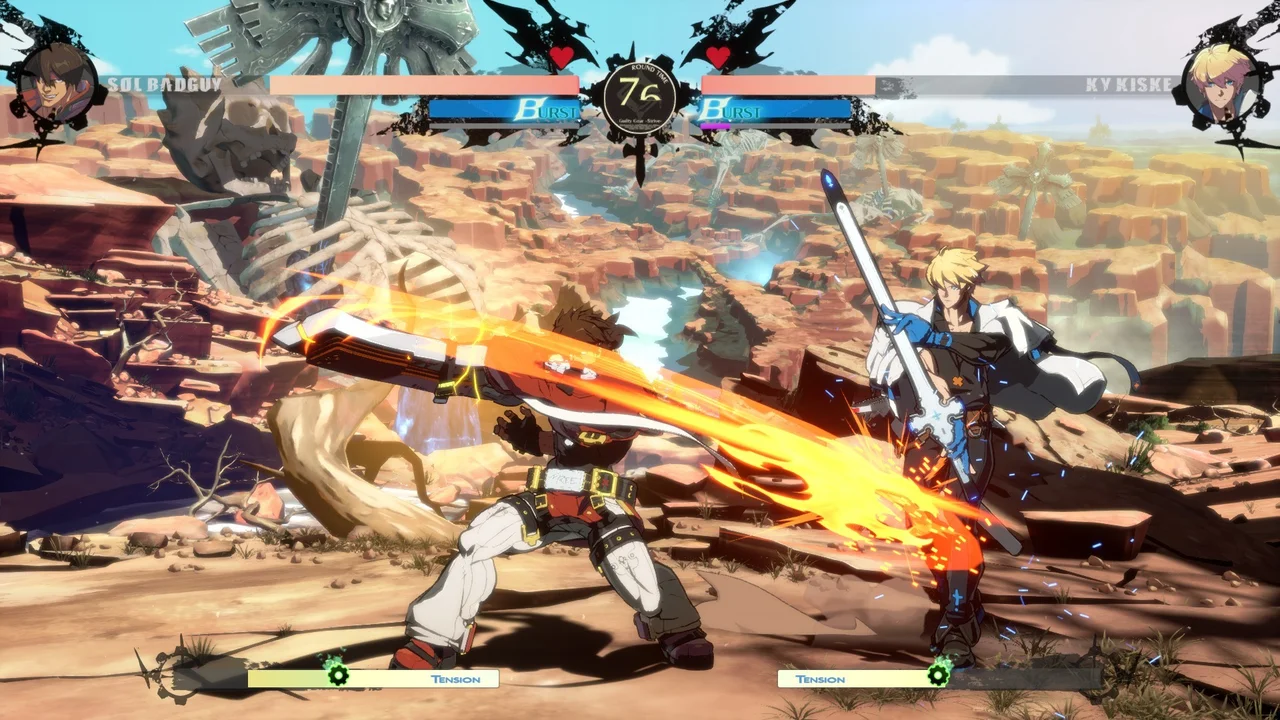 Two anime fighting game champions clashing in a 2.5D arena with bold tension meters and visual strike effects