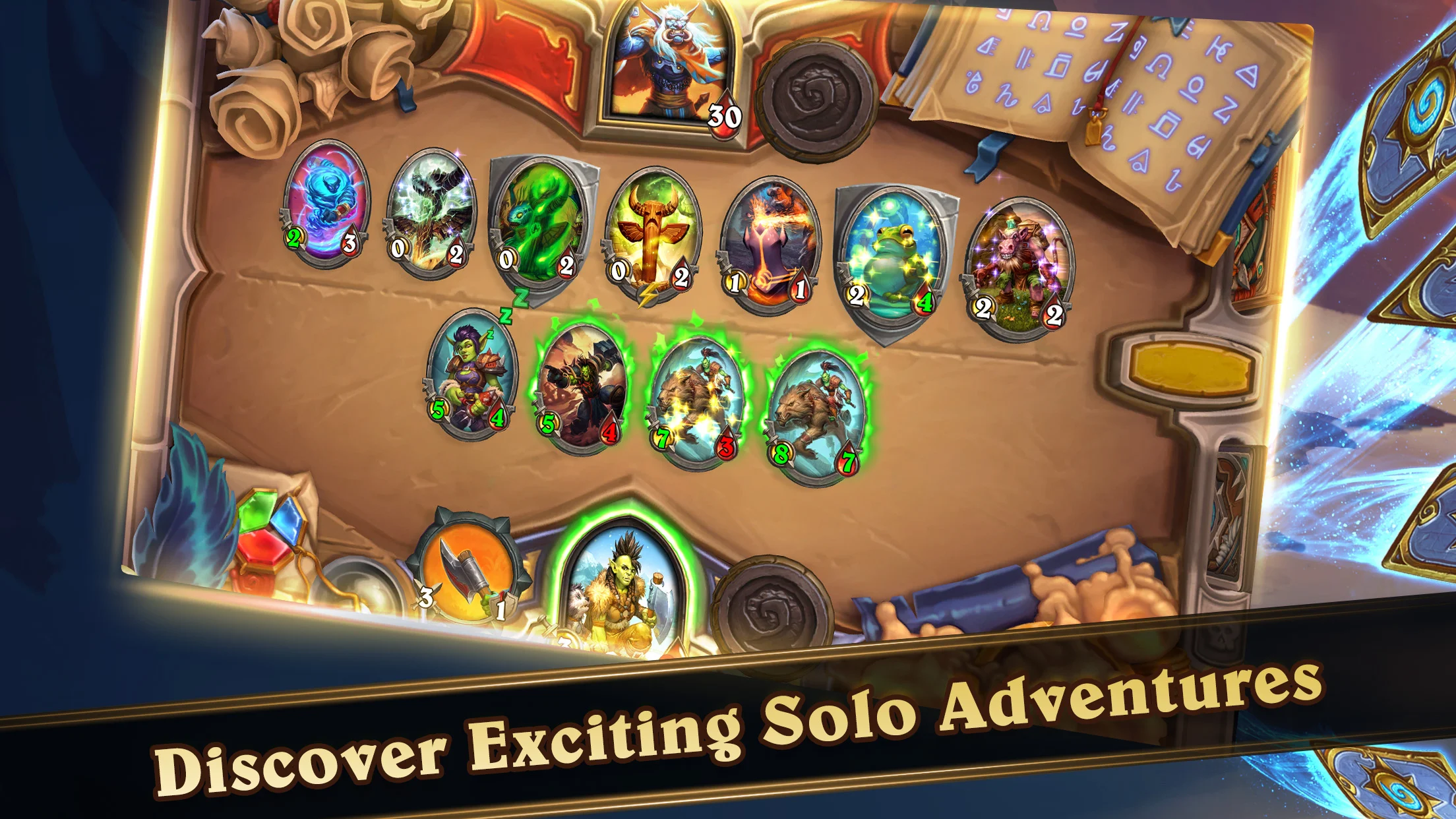 Gameplay screenshot of Hearthstone showing an active Warcraft tavern card duel with played minions, weapons, and mana gems