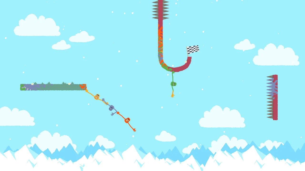Heave Ho puzzle platform stage showing four stretchy characters linked hand-in-hand dangling across a mountain gap