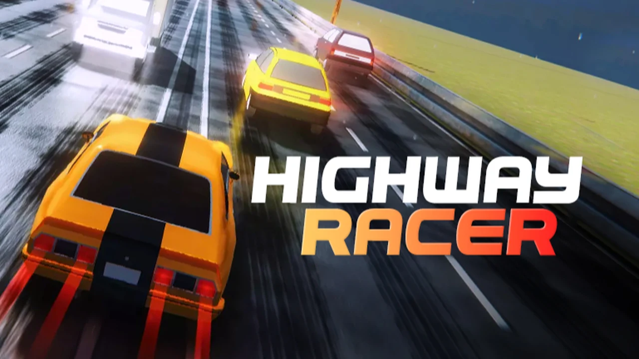 Highway Racer car weaving between trucks on a crowded multi-lane highway
