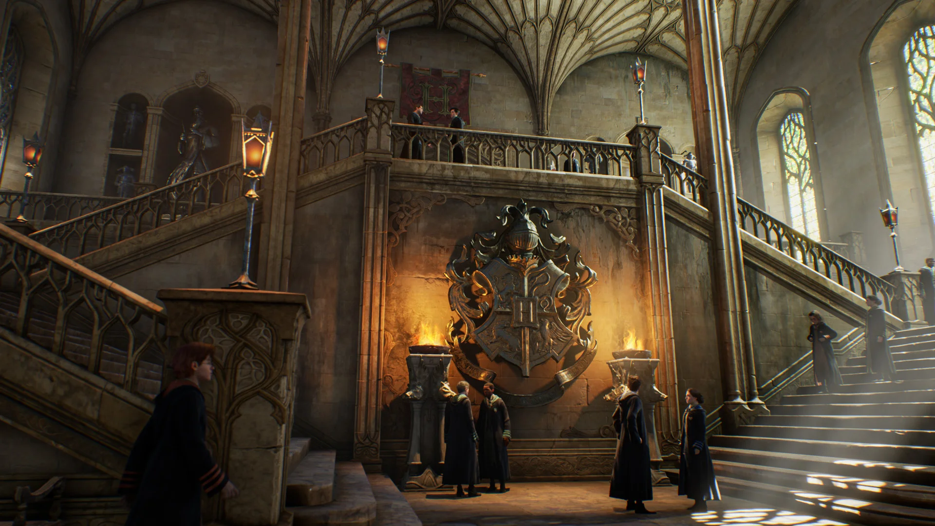 Fifth-year Hogwarts student flying a broomstick over the Scottish highlands toward the towering spires of Hogwarts Castle