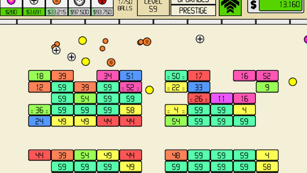 Idle Breakout numbered bricks being destroyed by automated bouncing balls and laser upgrades