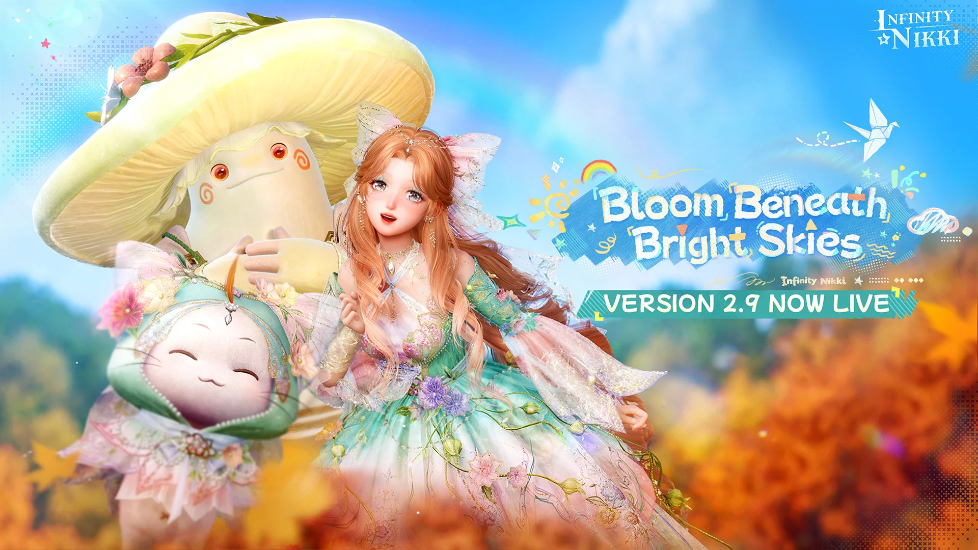 Nikki wearing a magical floating dress floating gracefully across a flower-covered fantasy valley alongside her cat companion Momo