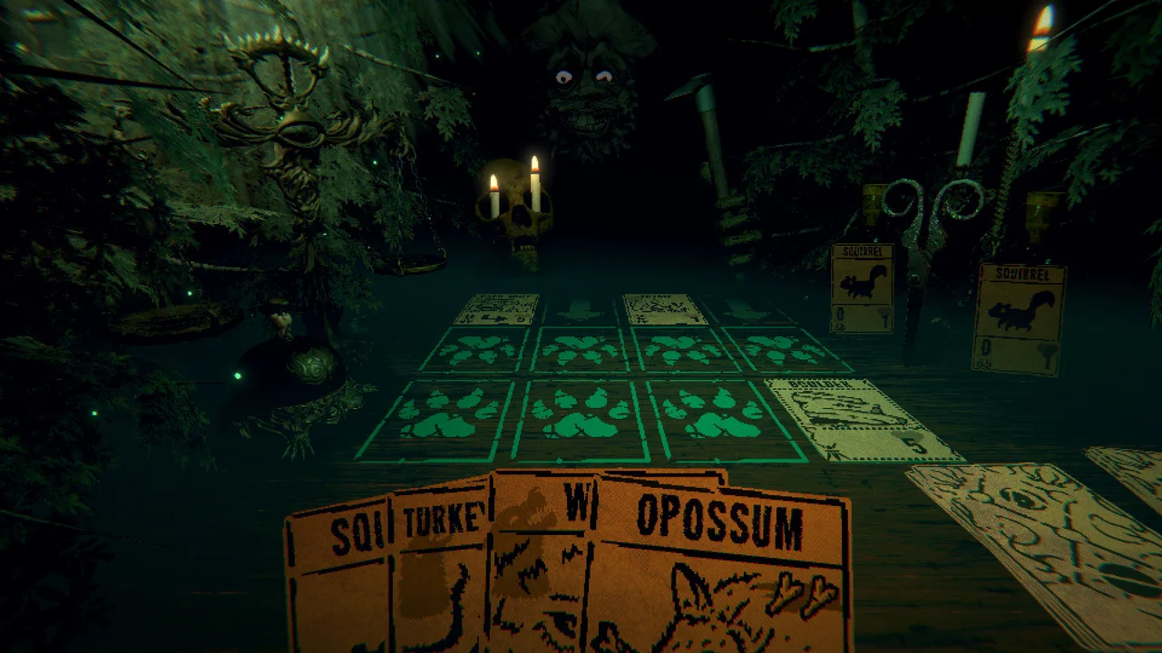 Gameplay screenshot of Inscryption showing the candlelit cabin tabletop with creature cards, scale, and tooth tokens