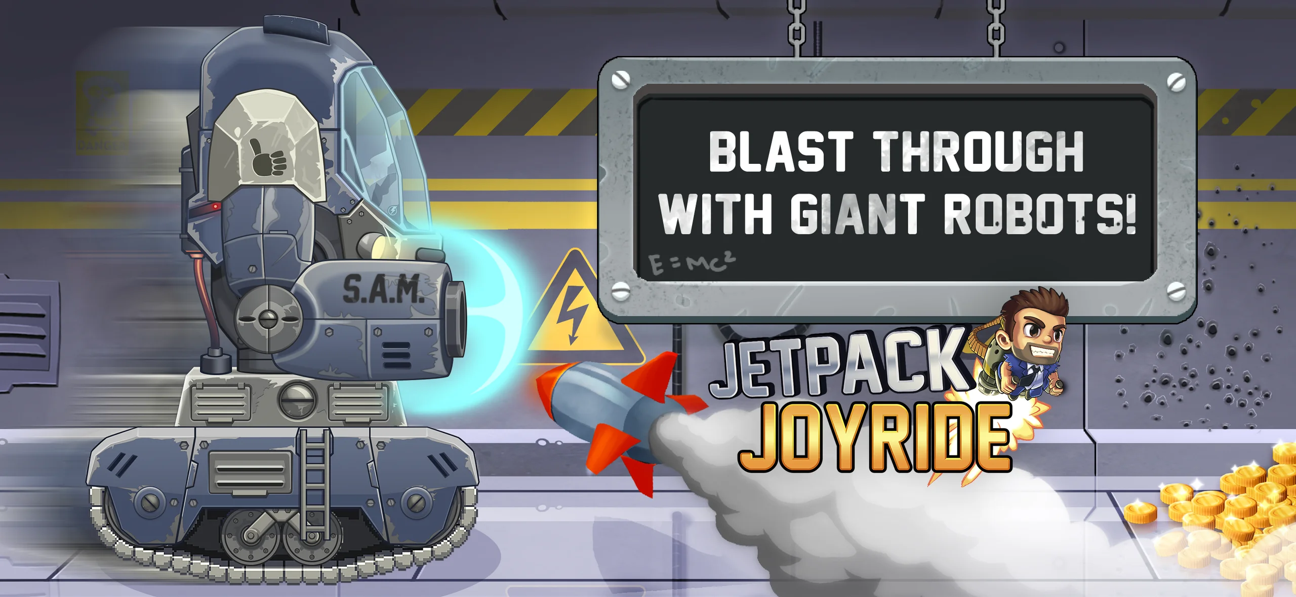 Gameplay screenshot of Jetpack Joyride showing Barry flying on a machine-gun jetpack dodging electric zappers in a lab